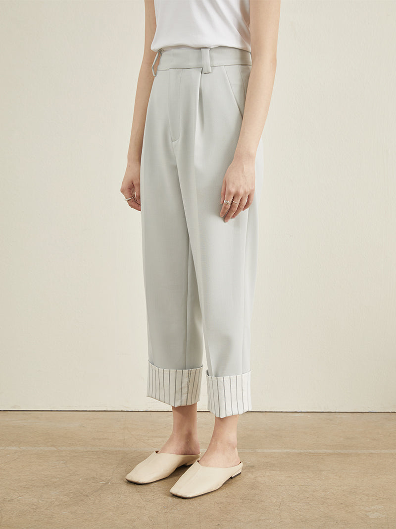 Striped Casual with Cuffs Nine-Point Tapered Pants