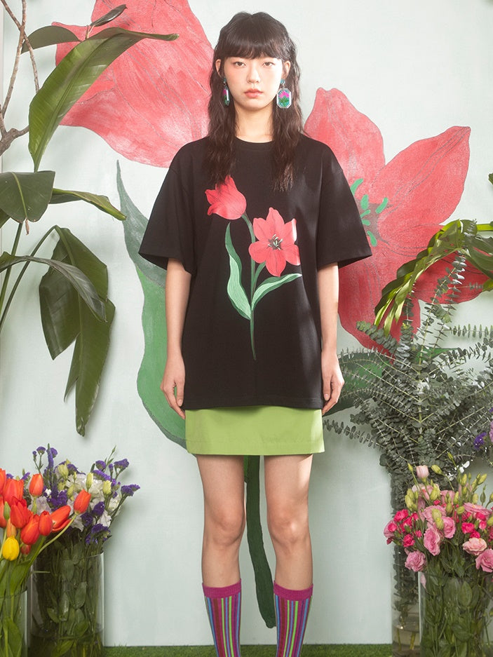 Tulip Print Drop Shoulder T-Shirt