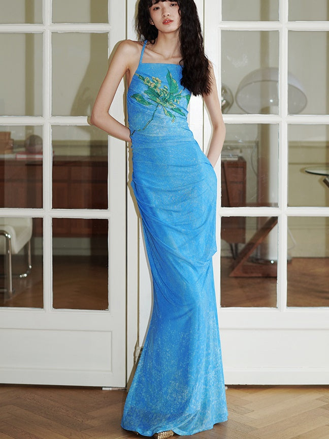 중국 인쇄 메시 긴 뒤쪽 드레스