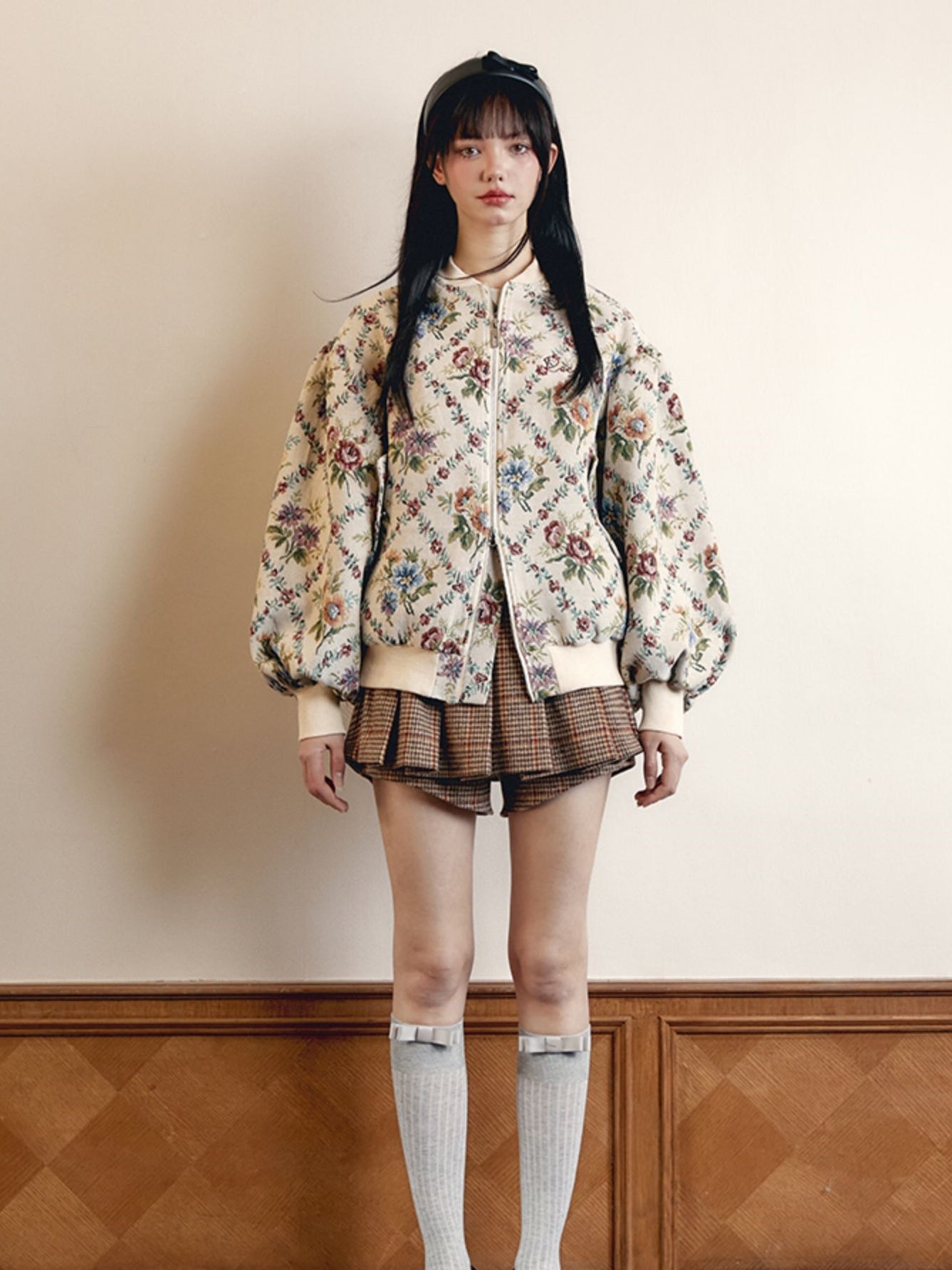 Retro Jacquard Lanternärmel gesteppte Baseballjacke