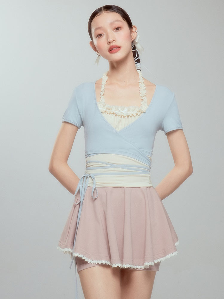 Halter-neck Frill Camisole & Strap Short Cardigan Set-up