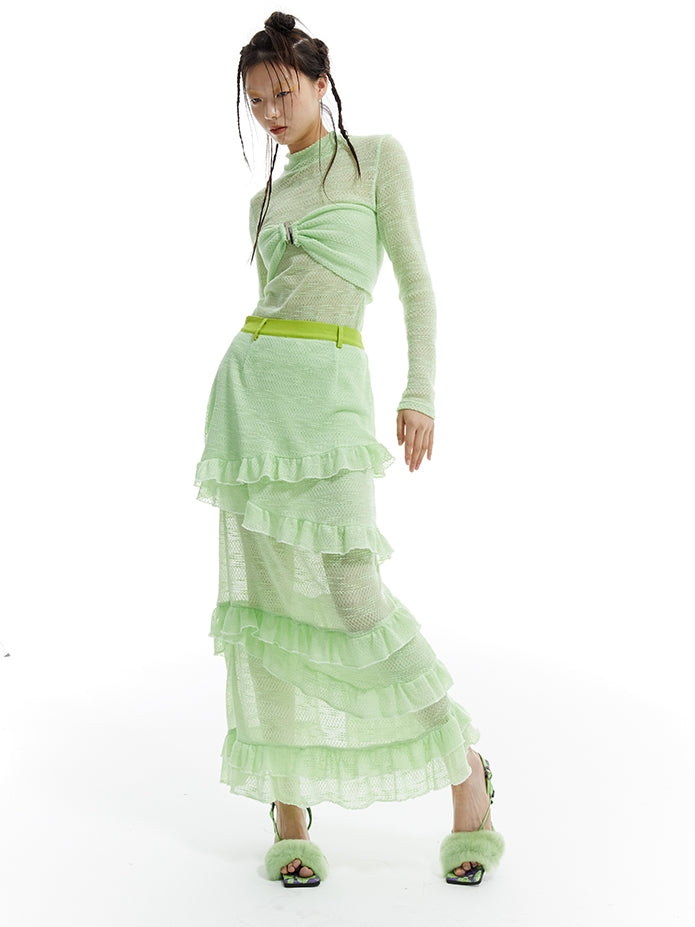 다층 장거리 니트 레이스 스커트