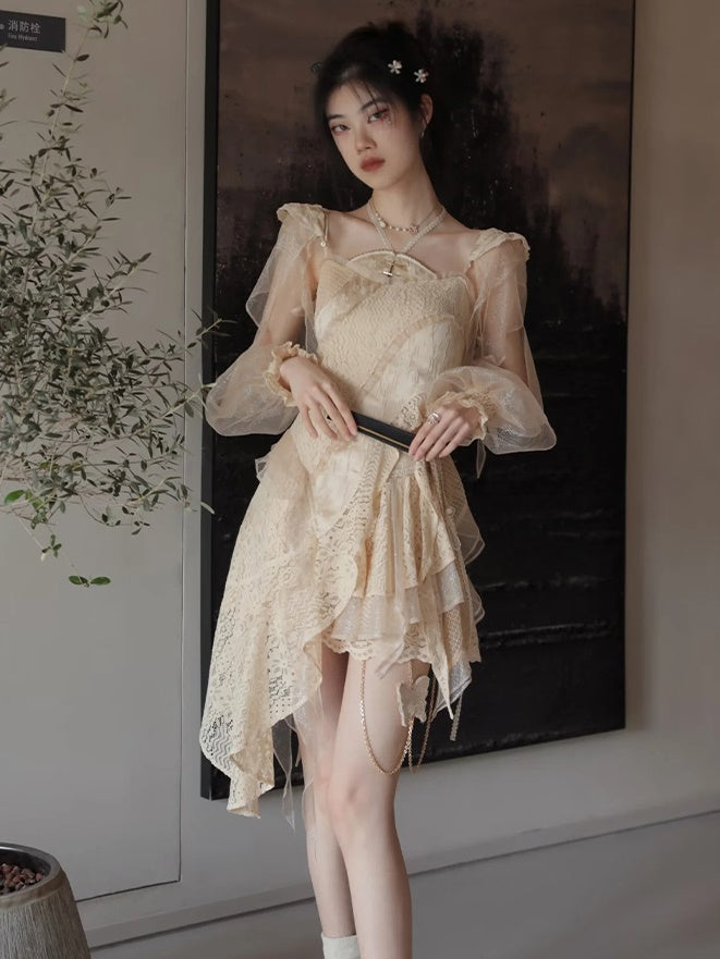 Lace Asymmetry Long Camisole Top ＆ Cake Culottes Skirt &amp; Shawl Top