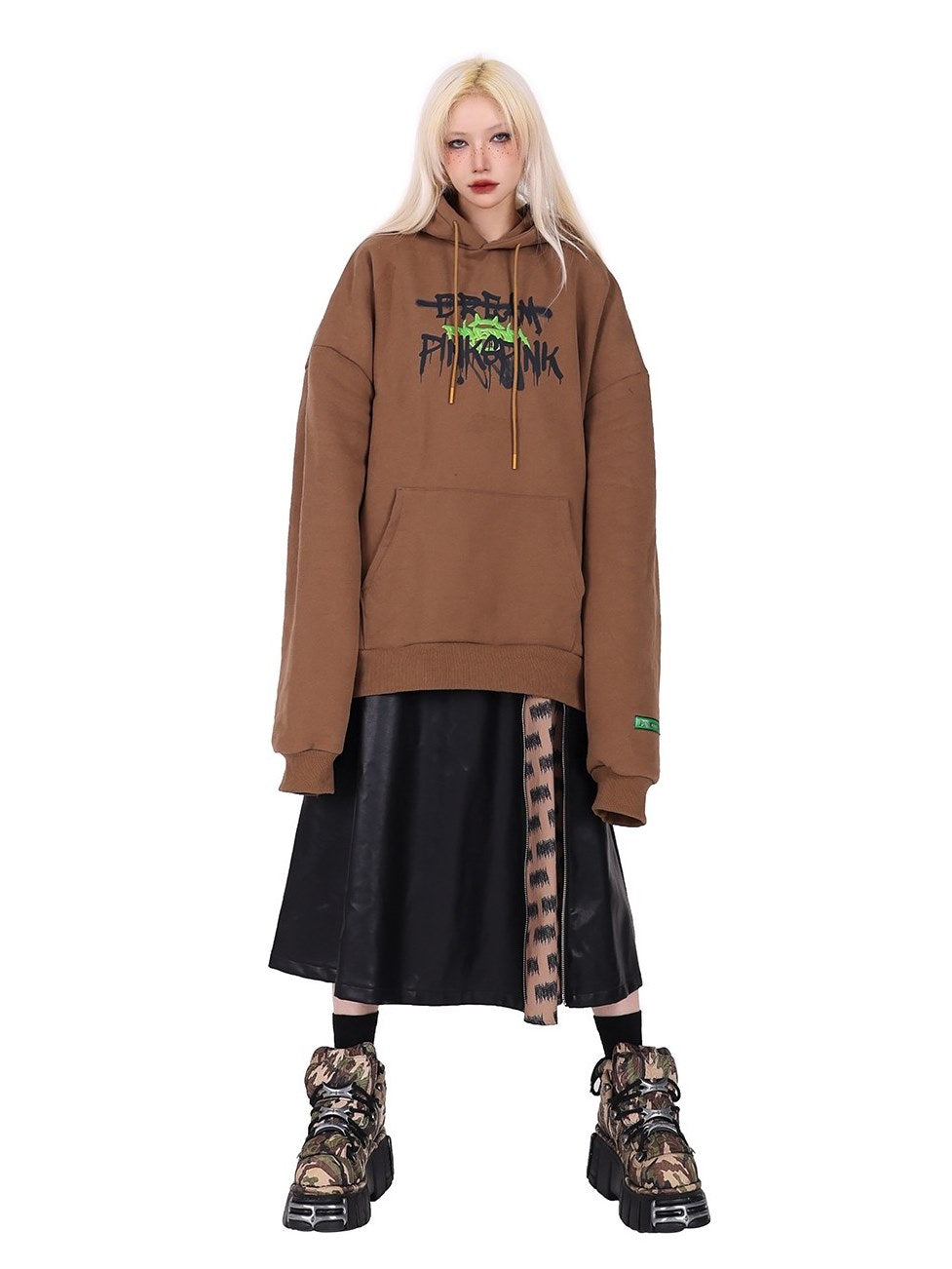 Zipper Contrast Color Leather Skirt