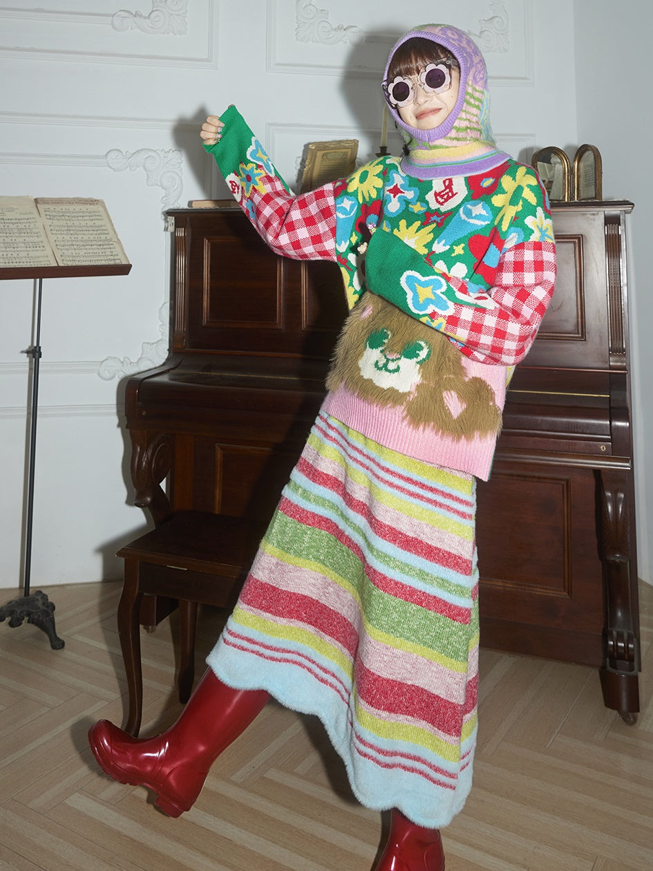 Plaid Plüschbärenblume -Strickpullover & Rock