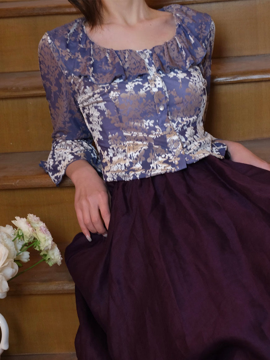 플로럴 프릴 칼라 혼 슬리브 상단