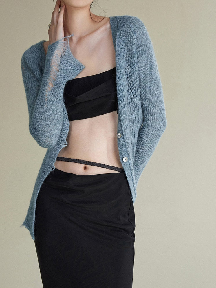 Asymmetrischer Mohair zerrissene Strickjacke