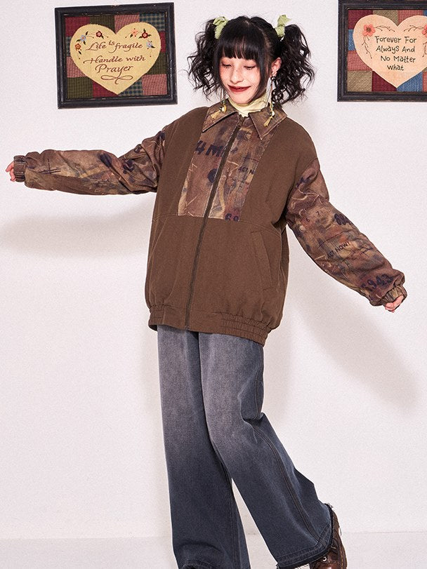 인쇄 패치 워크 드롭 어깨 패딩 재킷