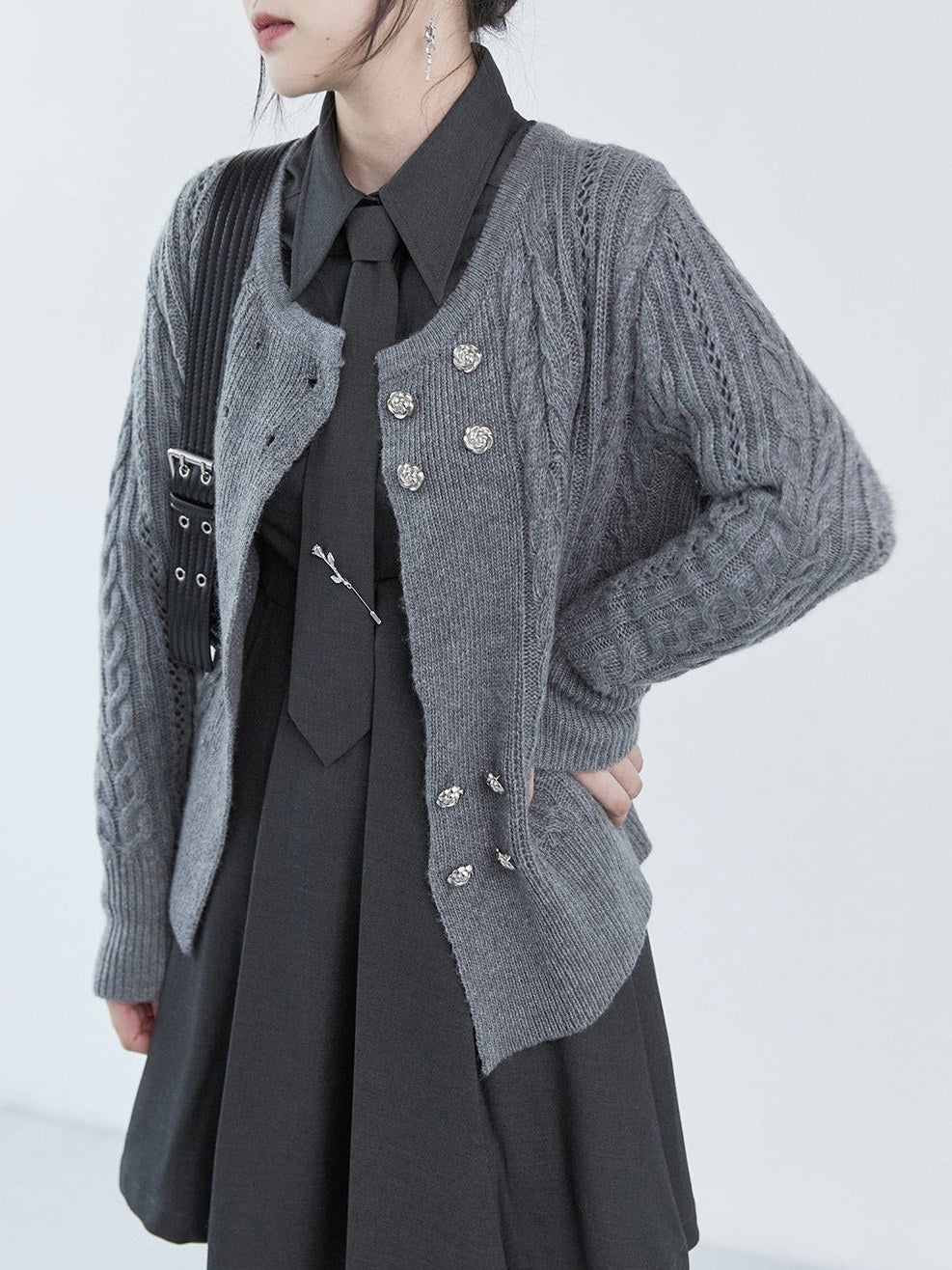 Double-breasted Round Neck Cable Cardigan