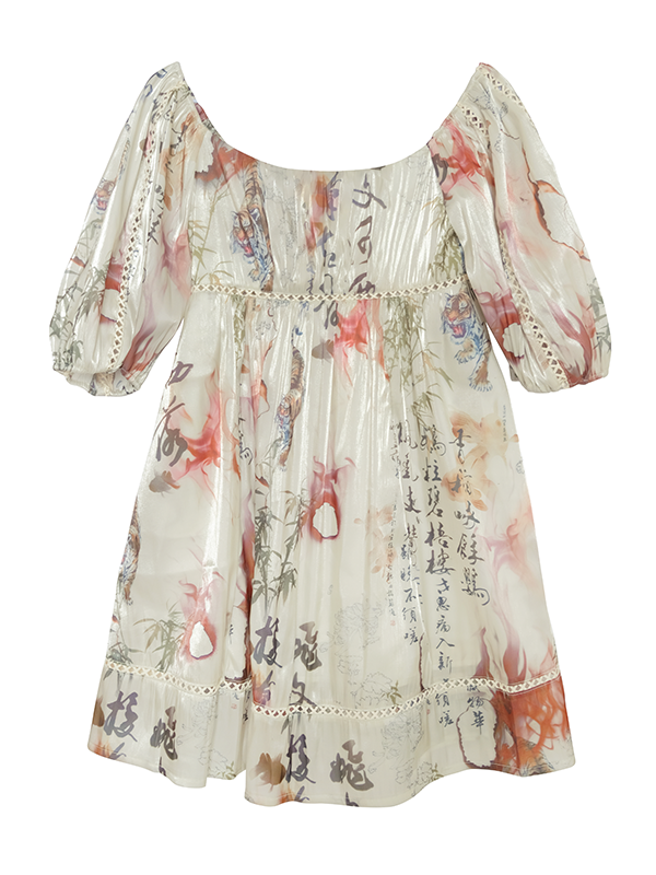 중국 스타일 프린트 퍼프 슬리브 드레스