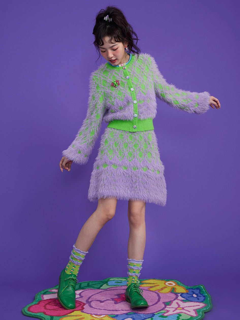 Diamond Check Plush Cardigan & Knitted Skirt