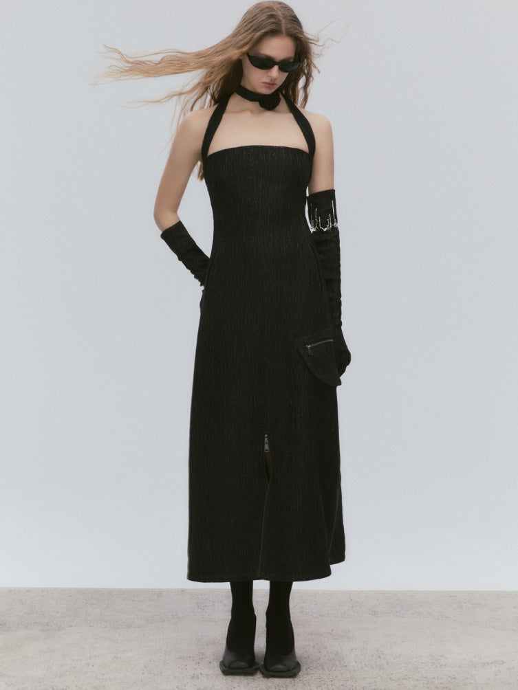 Hanging Neck Zipper Waist Strap Dress