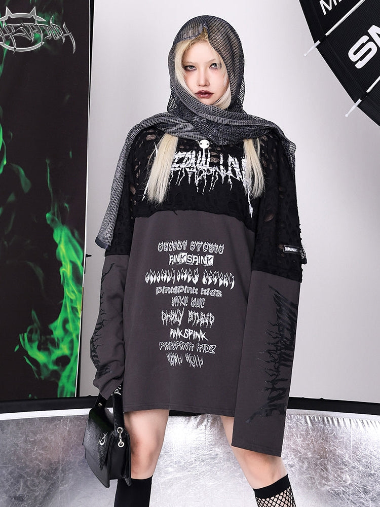 Stacked Stitching Hole Graffiti Long-sleeved T-shirt