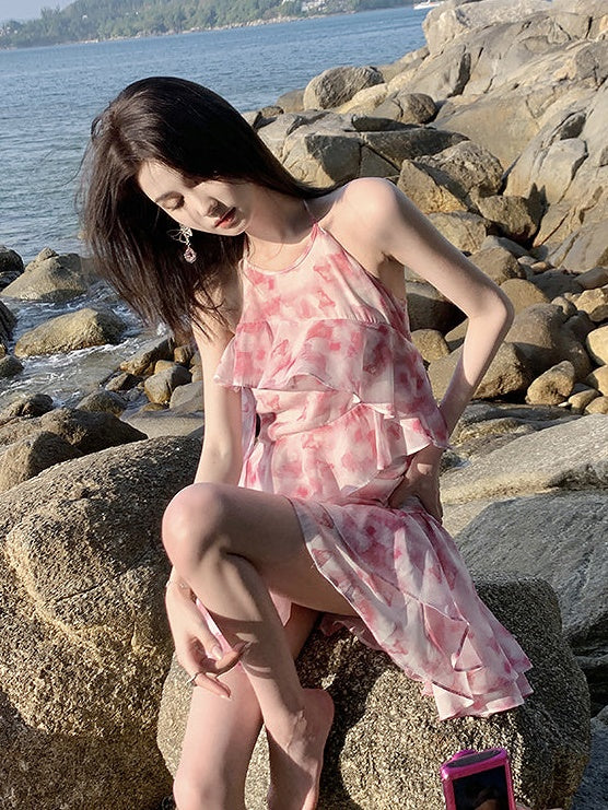 IRREGULAR HEM RUFFLES HALTER NECK PRINTED GAUZE ONE-PIECE