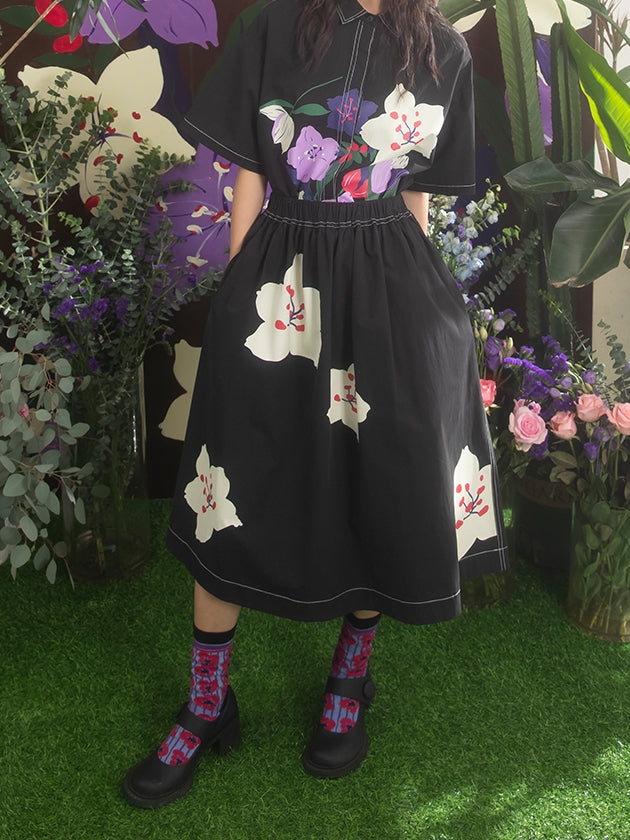 벚꽃 프린트 A- 라인 스커트