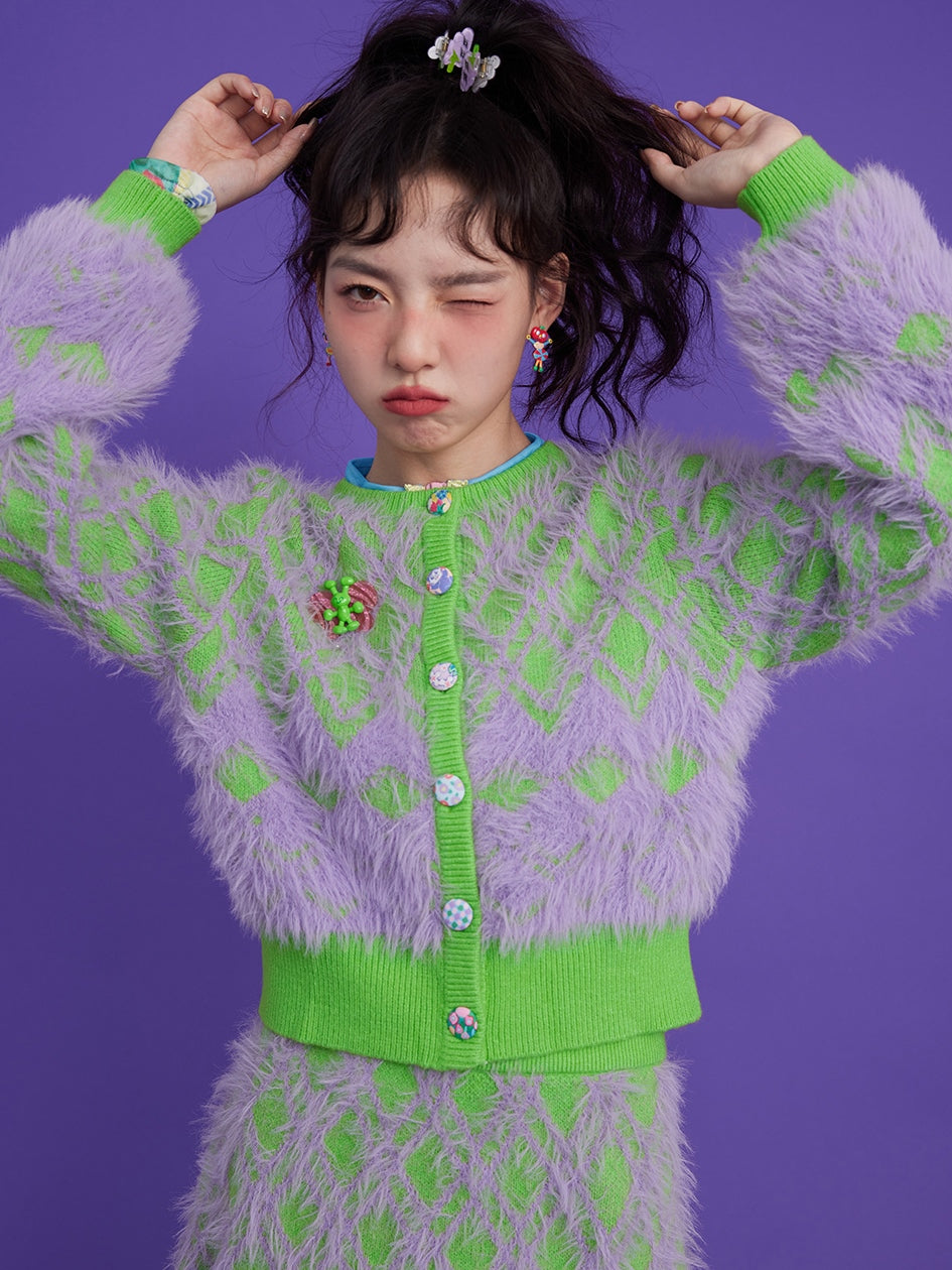 Diamond Check Plush Cardigan & Knitted Skirt