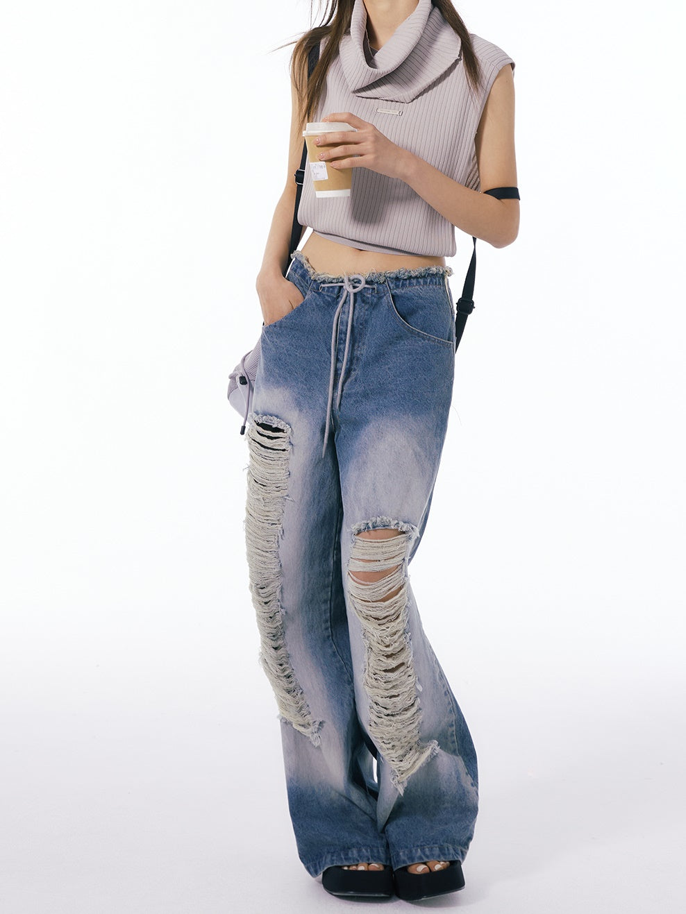 Ripped Washed Wide Leg Jeans