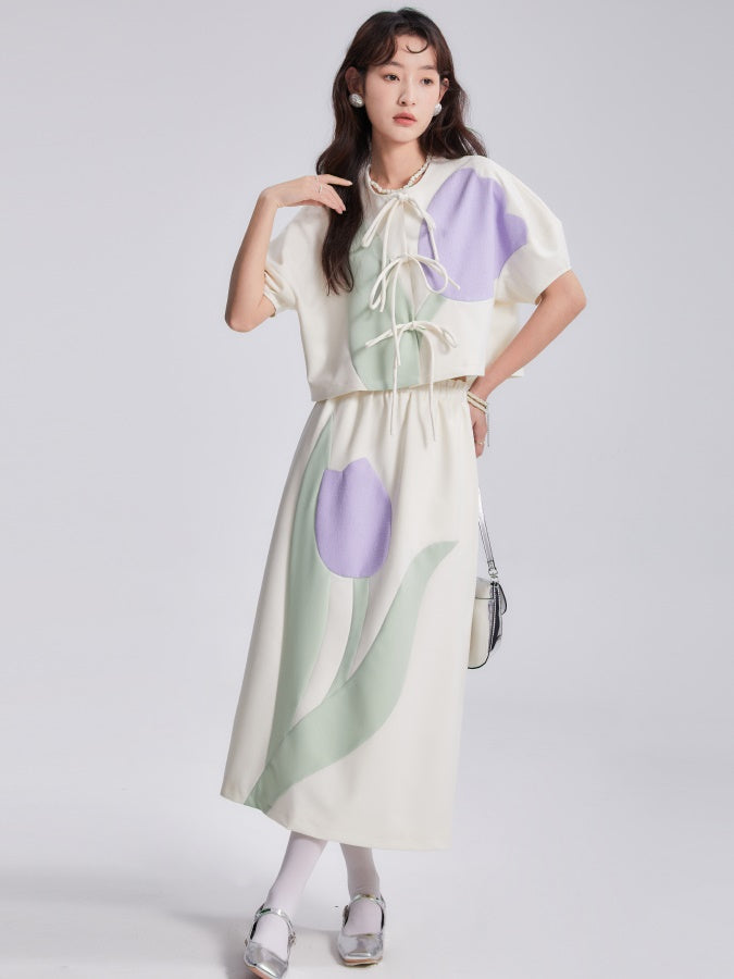 Tulip Bow Short-Sleeed Top & Skirt