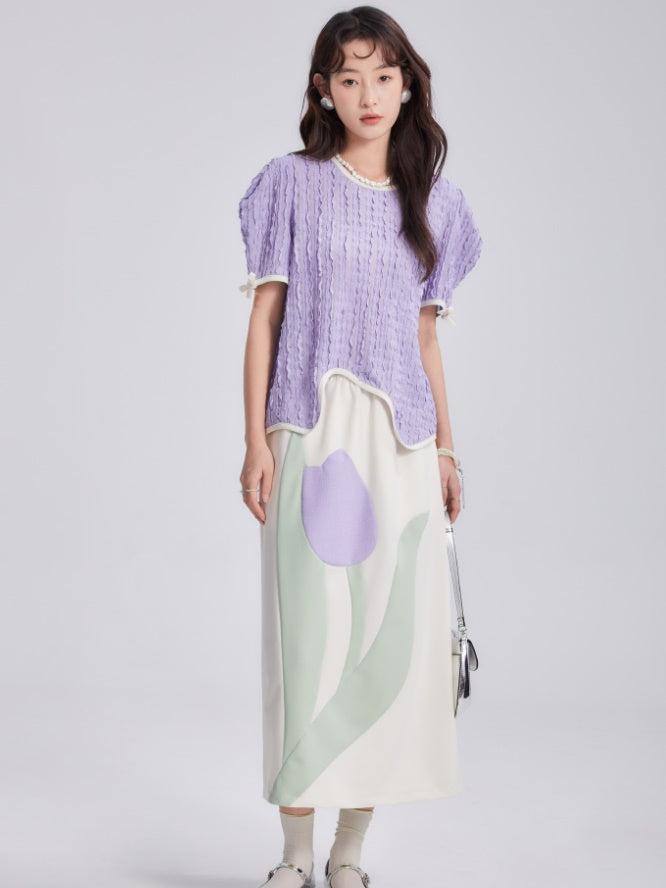Tulip Bow Short-Sleeed Top & Skirt