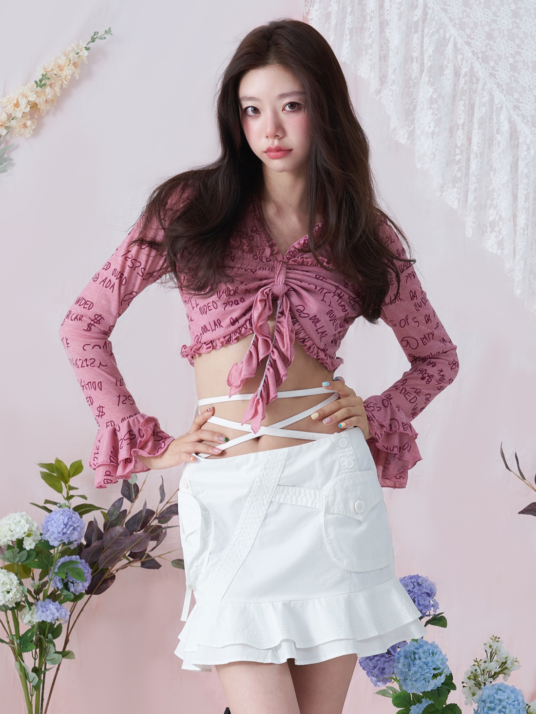 Kumpelte Rüschen niedliche Flare-Ärmel-Tops