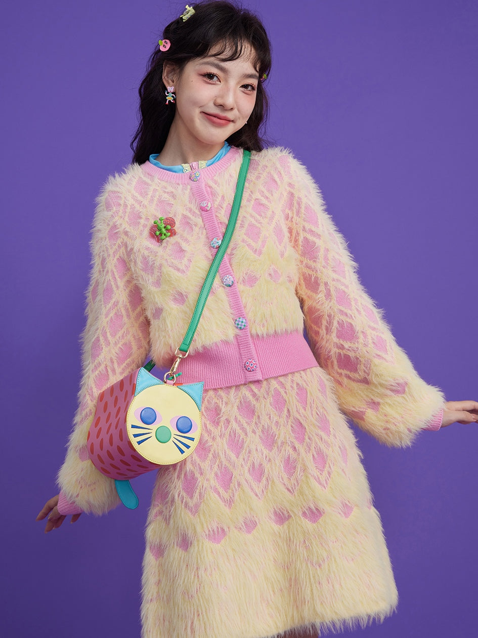 Diamond Check Plush Cardigan & Knitted Skirt