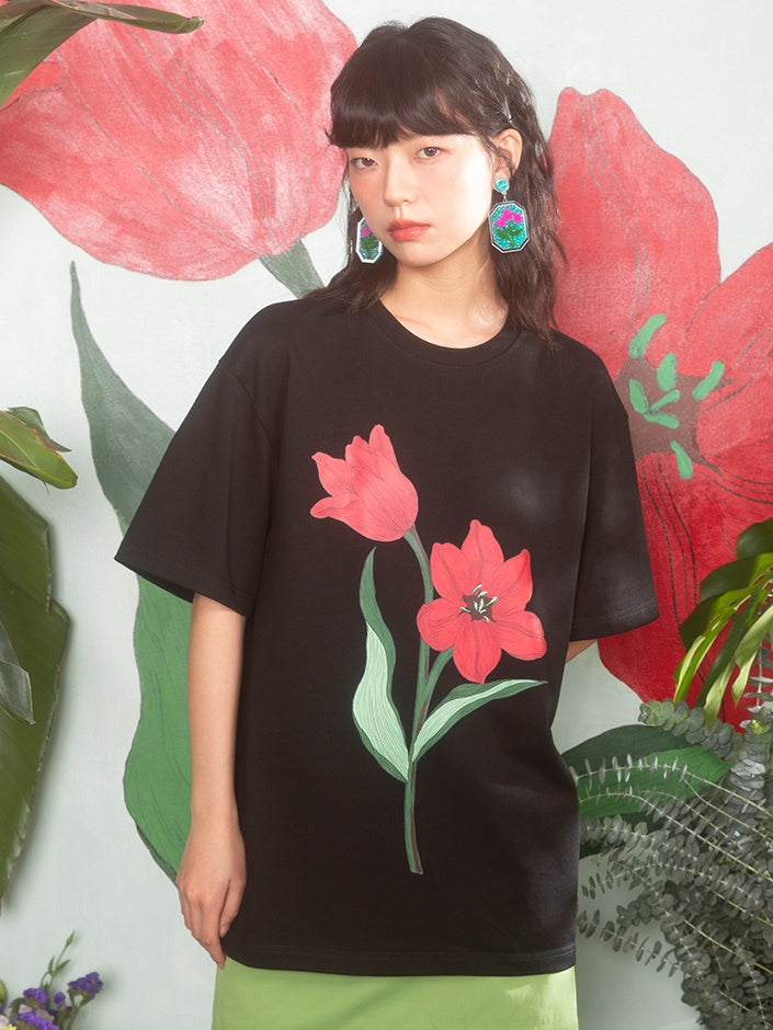 Tulip Print Drop Shoulder T-Shirt