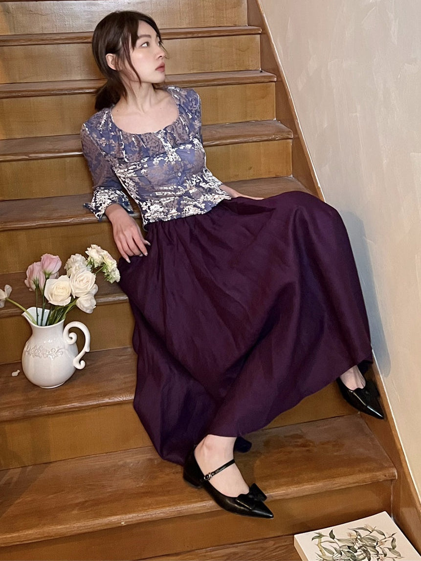 플로럴 프릴 칼라 혼 슬리브 상단