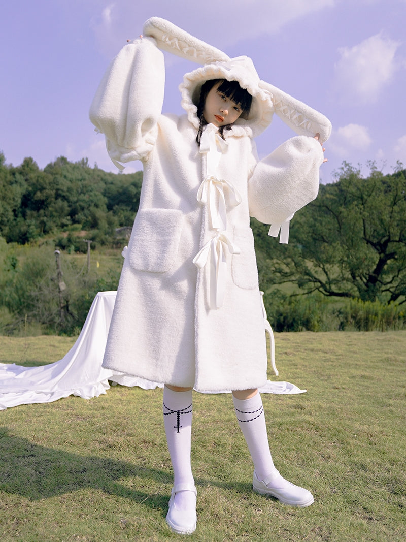 토끼 이어 보아 귀여운 리본 코트