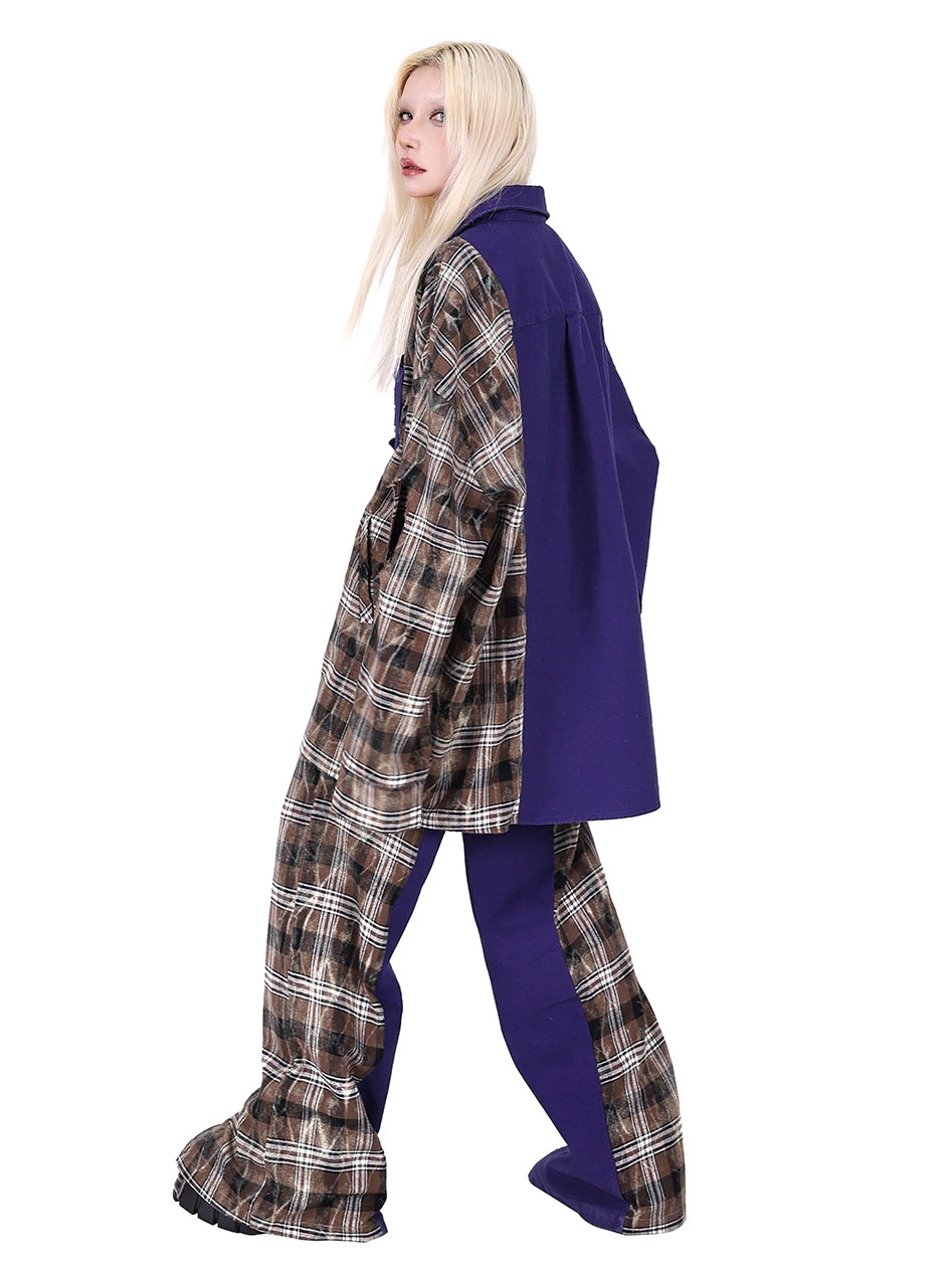 Zipper Stitching Plaid Wide-Leg Pants