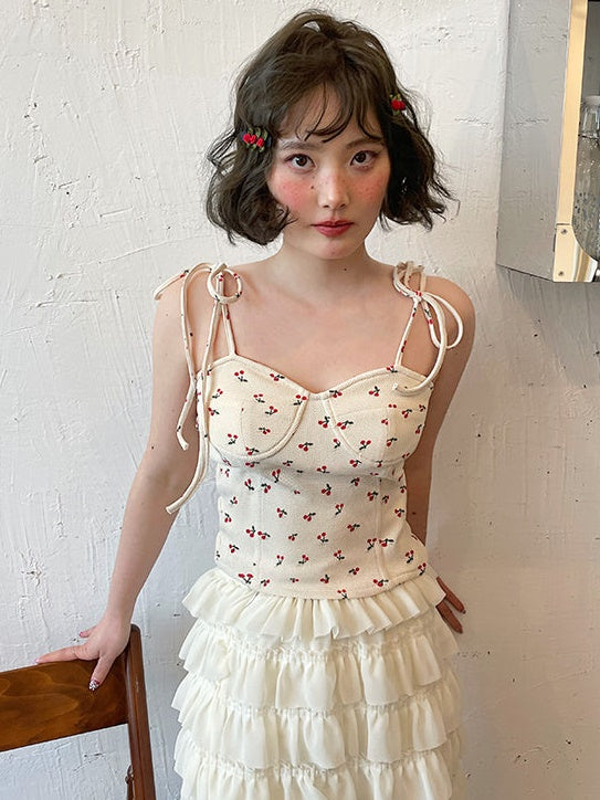 체리 프린트 스트랩 카미솔