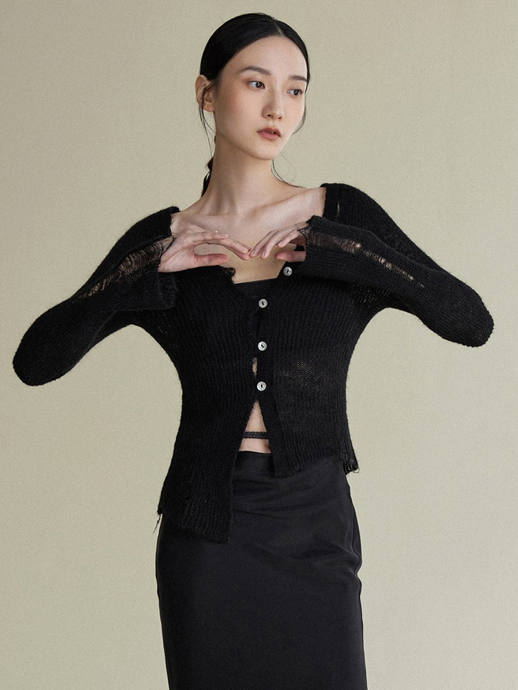 Asymmetrischer Mohair zerrissene Strickjacke