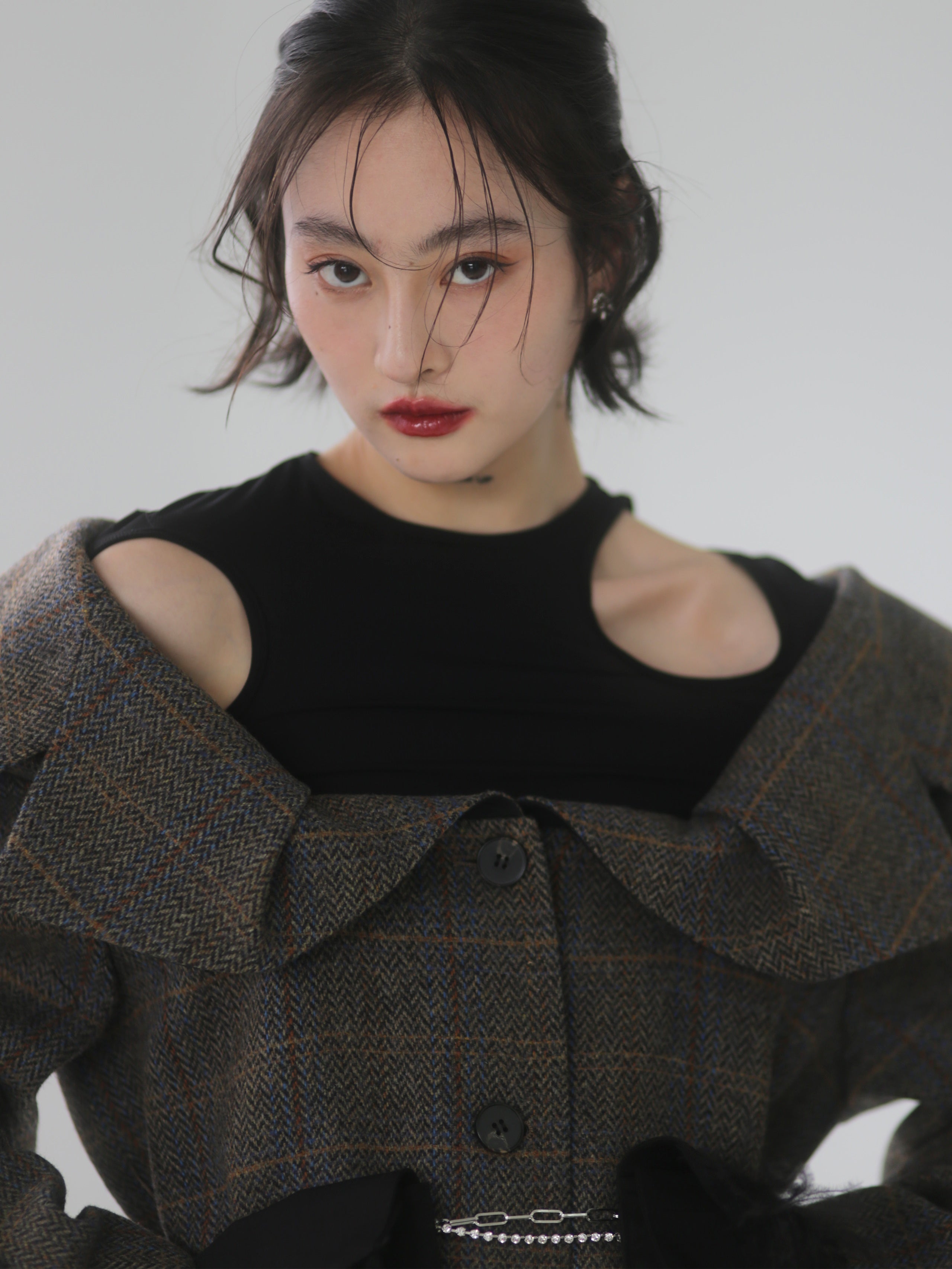 THREE-DIMENSIONAL GENEROUS COLLAR PLAID WOOL LONG COAT