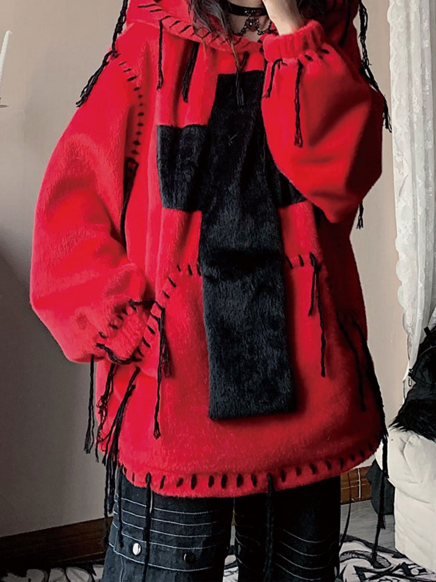 모방 모피 후드 풀 오버