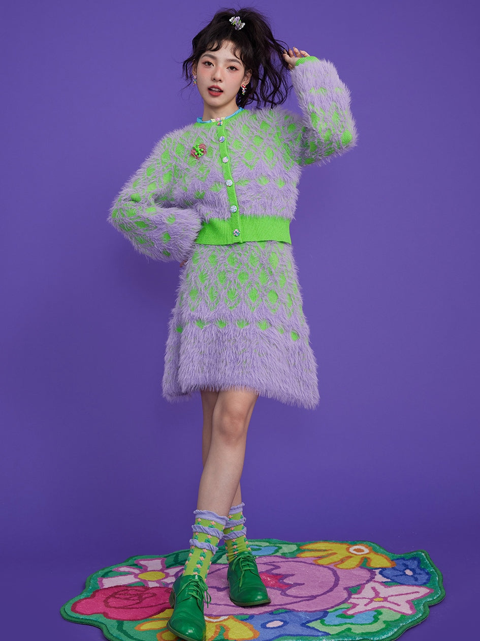 Diamond Check Plush Cardigan & Knitted Skirt