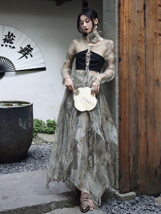 Printed Silk T-shirt & Vest Two-piece Set