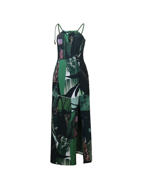 Vintage Print Slim Long Spit Kleid