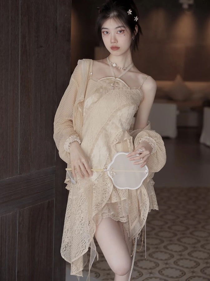 Lace Asymmetry Long Camisole Top ＆ Cake Culottes Skirt &amp; Shawl Top