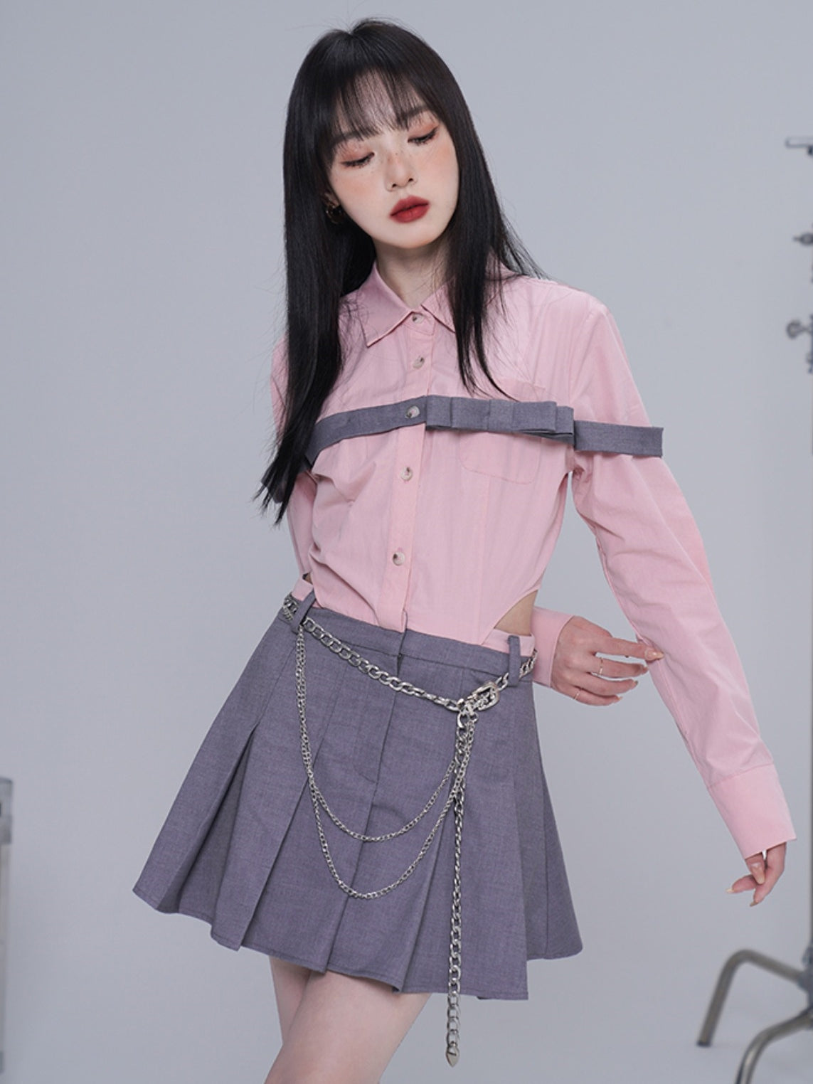 보우 스티칭 셔츠 주름 드레스