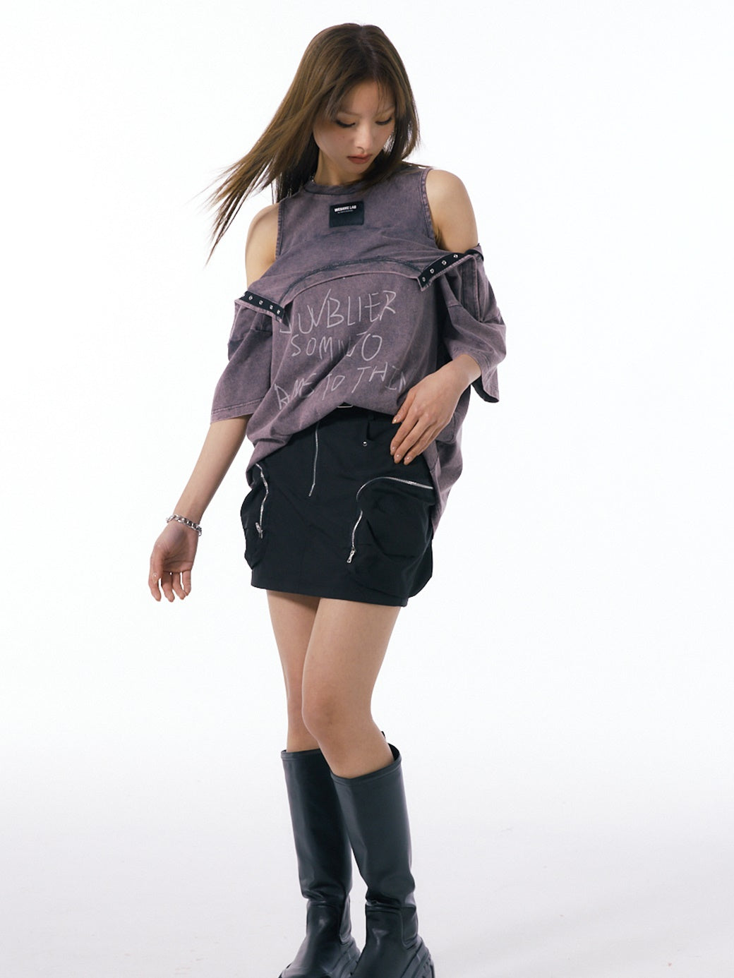 LOOSE Letter Print Shoulder Snap Button T-Shirt