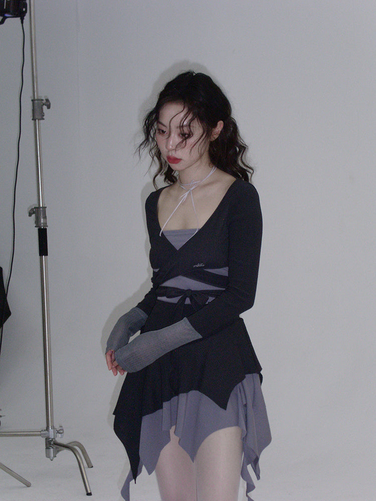 COLOR-MATCHED STRAPPY KNITTED SHORT TOP & ASYMMETRY SKIRT