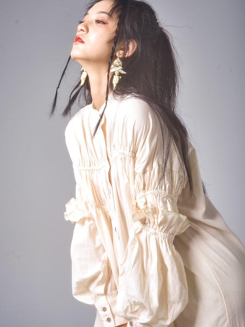 Ruffled Cotton Shirring Long Dress