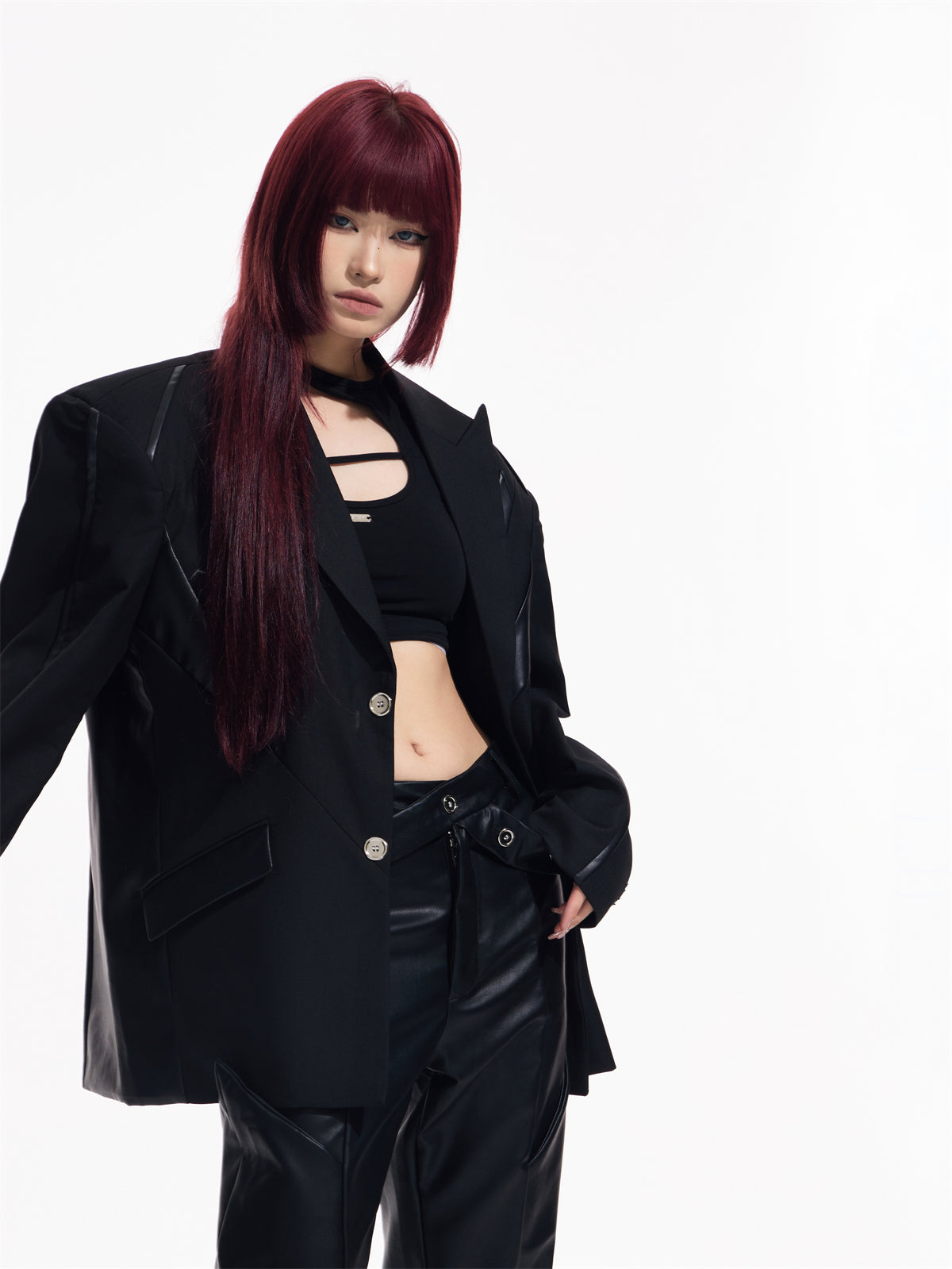 LOOSE PU Leather Patchwork Showder Pad Jacket