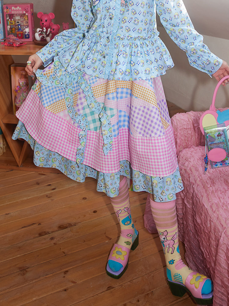 Plaid Stitching Ruffle Puff Skirt