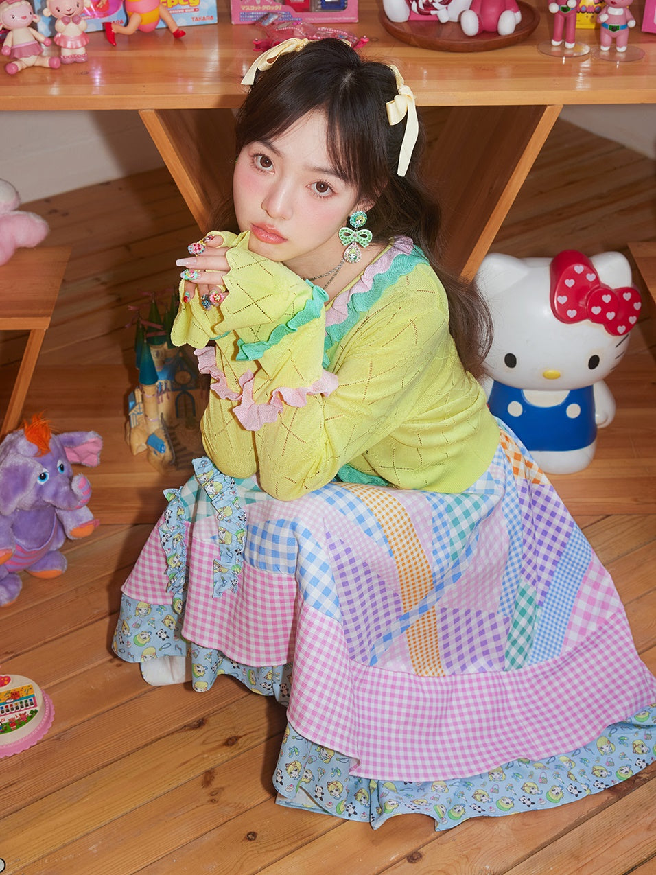 Plaid Stitching Ruffle Puff Skirt