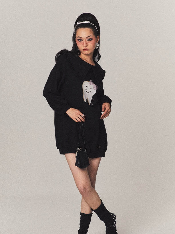Teeth Oversize Damage Frill Casual Pop Pullover