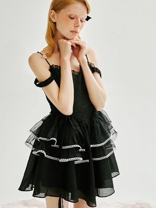 Rose Shoulder Strap Puff Lace Sling Dress