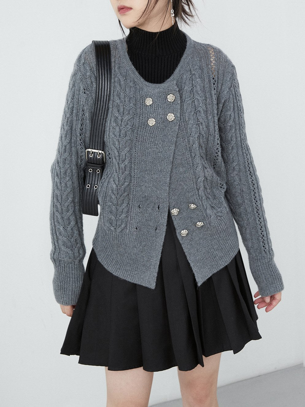 Double-breasted Round Neck Cable Cardigan