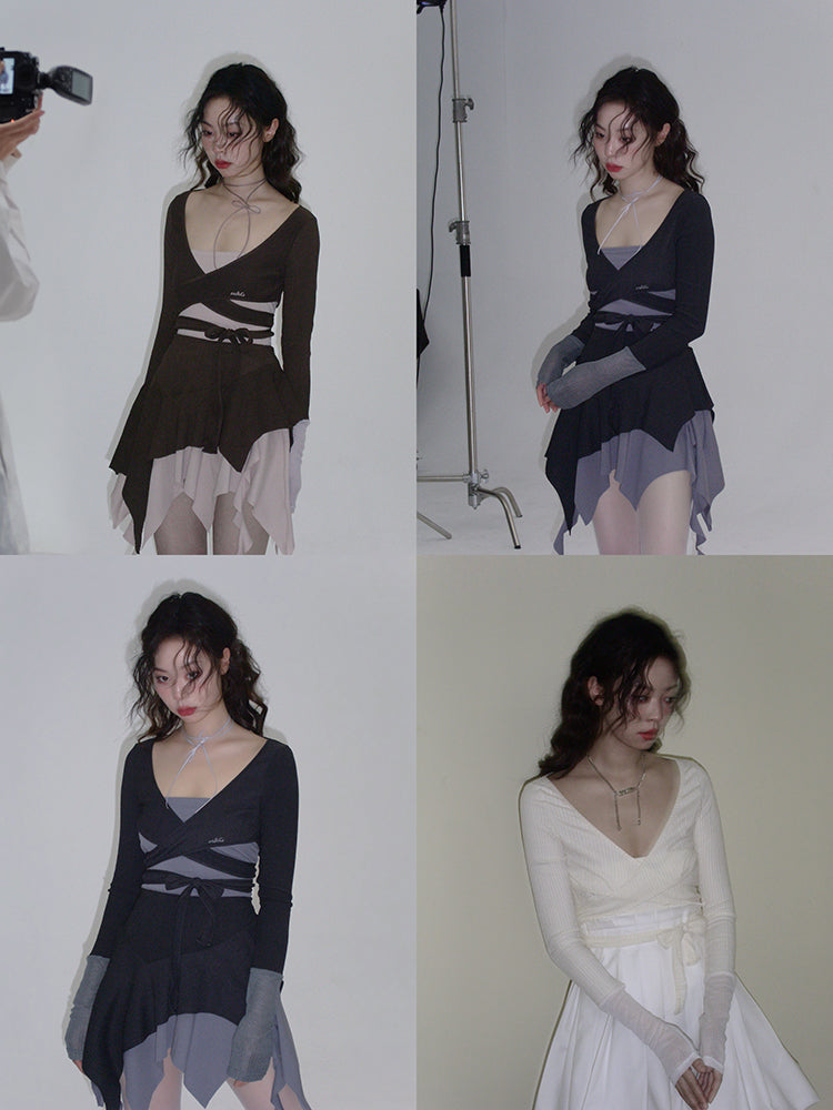 COLOR-MATCHED STRAPPY KNITTED SHORT TOP & ASYMMETRY SKIRT