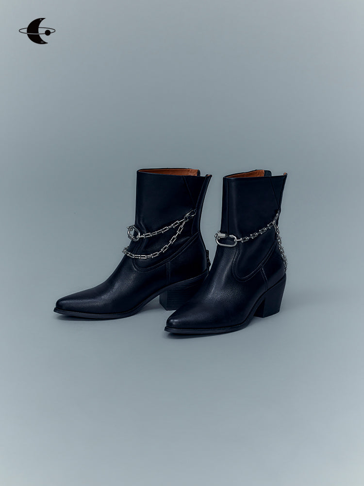 Chain Leather Low-heel Short-Boots
