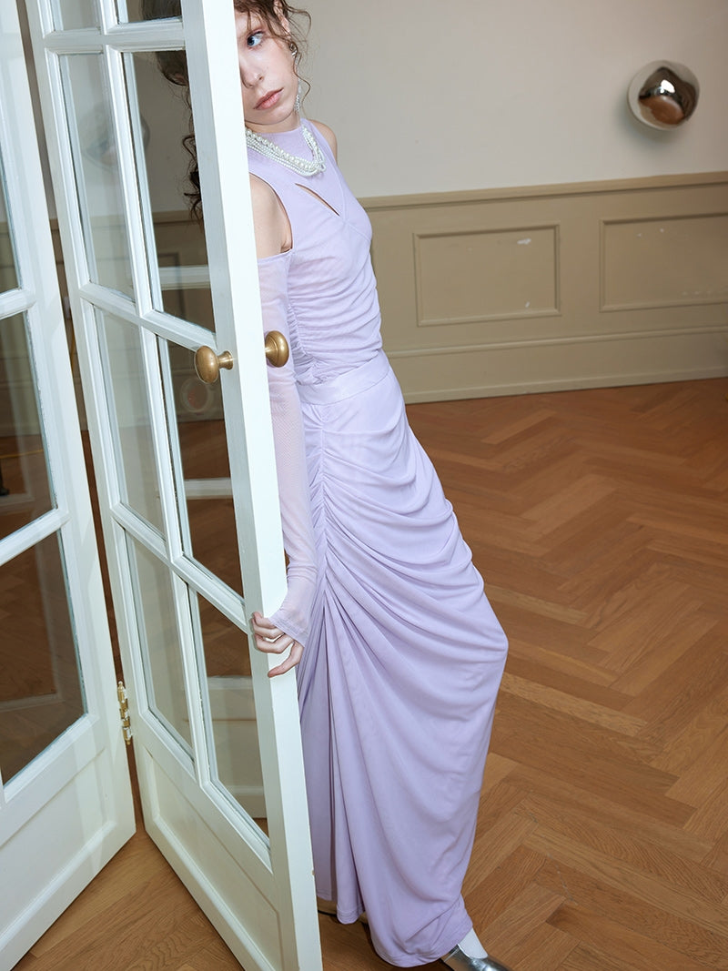 Draped Shirred Irregular Straight Long Skirt